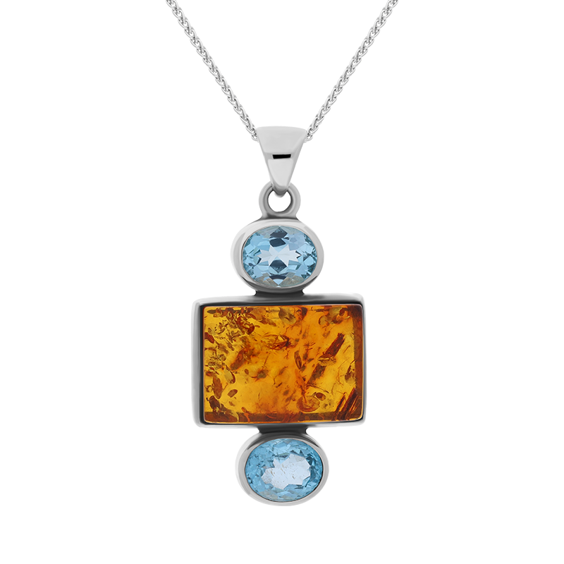 Sterling Silver Amber Blue Topaz Oval Oblong Three Stone Drop Necklace