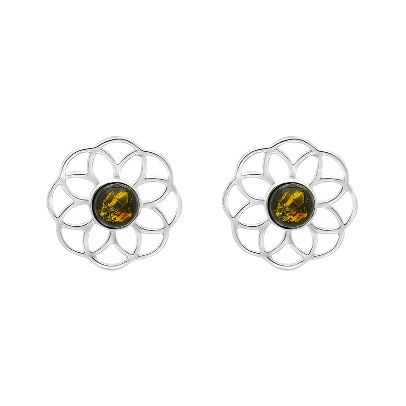 Sterling Silver Amber Flower Stud Earrings