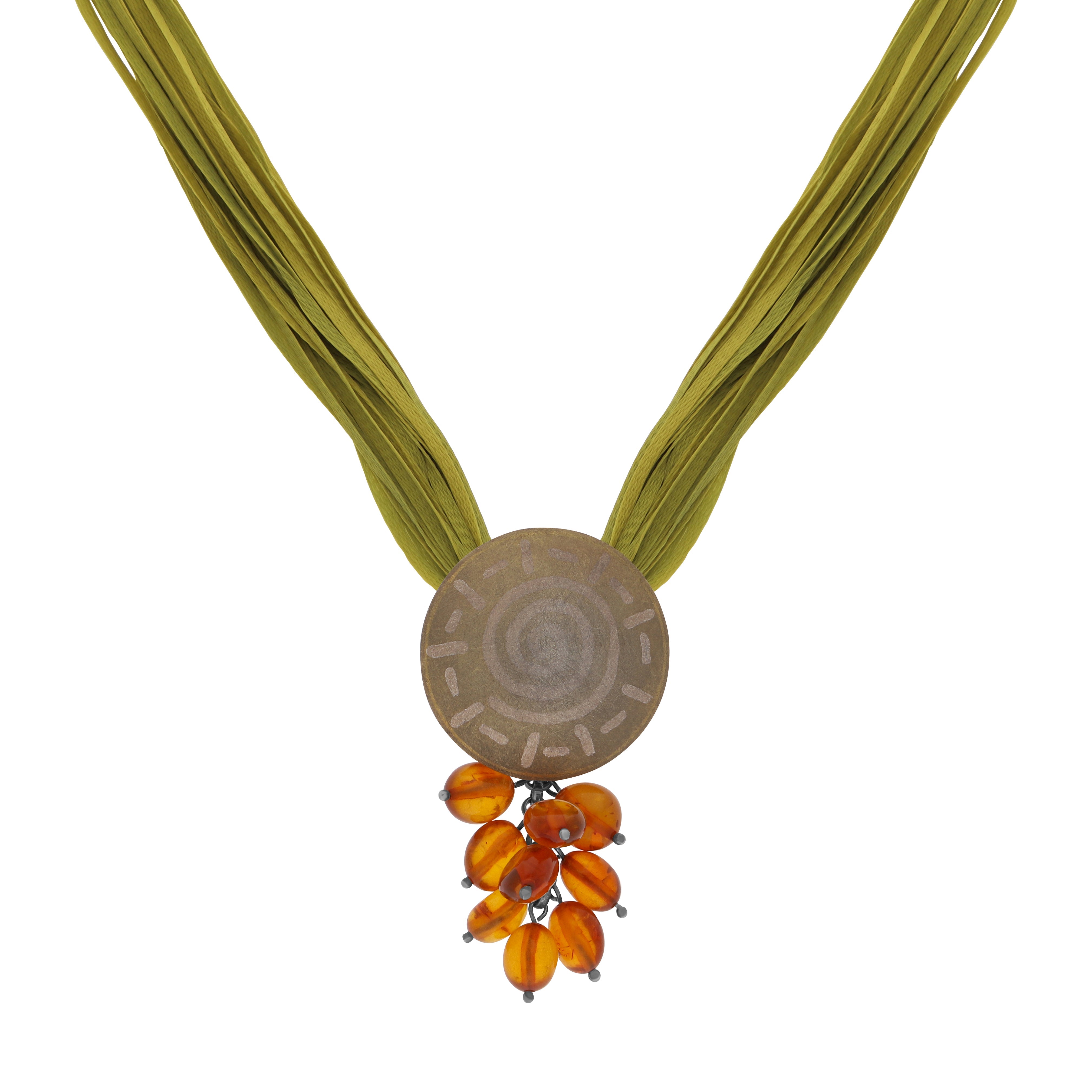 Sterling Silver Amber Sun Disc Green Silk Necklace D