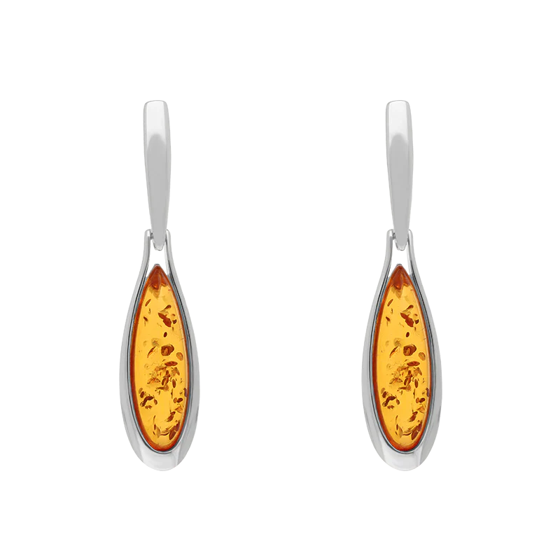 Sterling Silver Amber Long Pear Drop Earrings