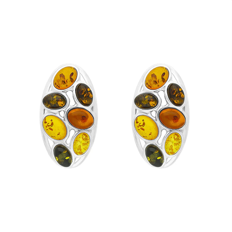 Sterling Silver Amber Multi Stone Oval Earrings D