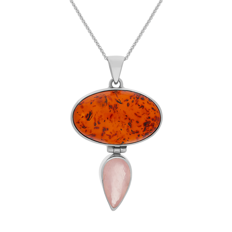 Sterling Silver Amber Rose Quartz Large Oval Two Stone Drop Necklace