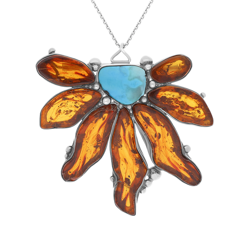 Sterling Silver Amber Turquoise Half Flower Necklace D
