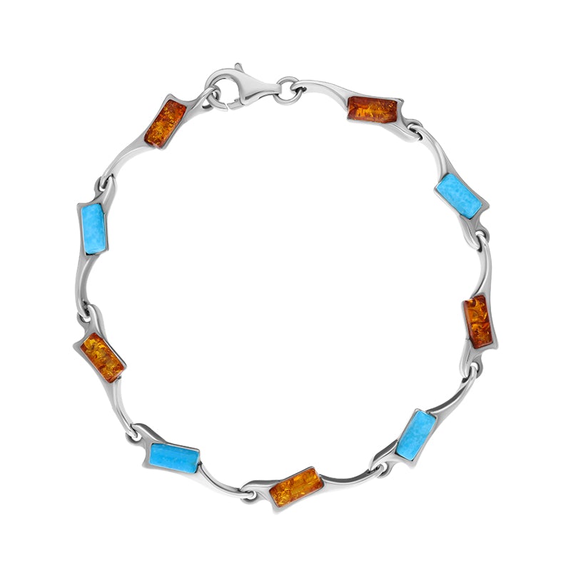 Sterling Silver Amber Turquoise Nine Stone Oblong Off Set Bracelet D