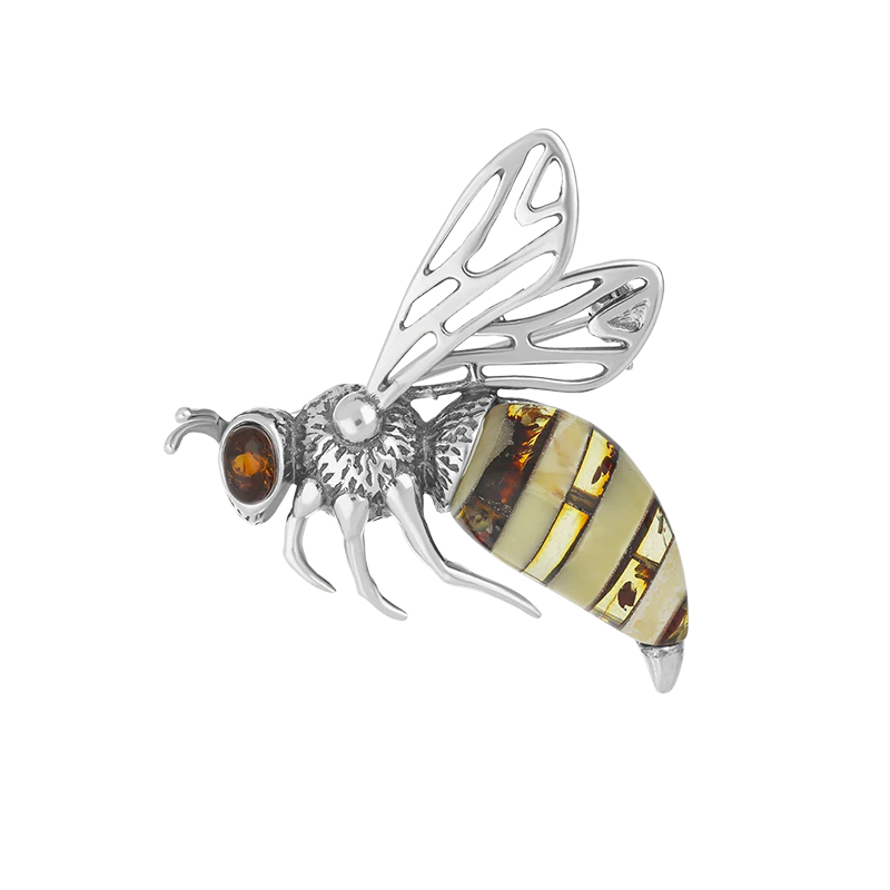 Sterling Silver Baltic Amber Filigree Wings Bee Brooch