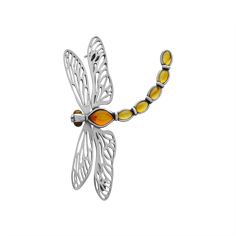 Sterling Silver Baltic Amber Filigree Wings Dragonfly Brooch