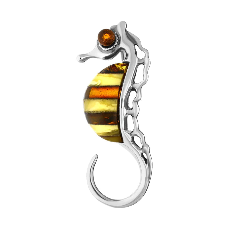 Sterling Silver Baltic Amber Multicolour Stone Seahorse Brooch