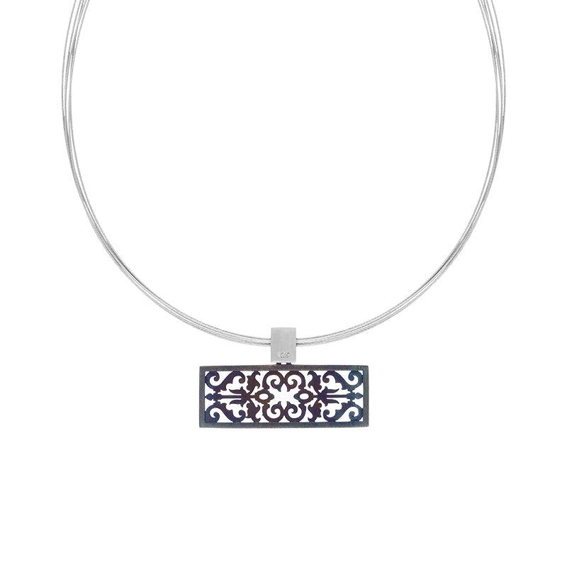 Sterling Silver Black Rhodium Filigree Oblong Necklace D