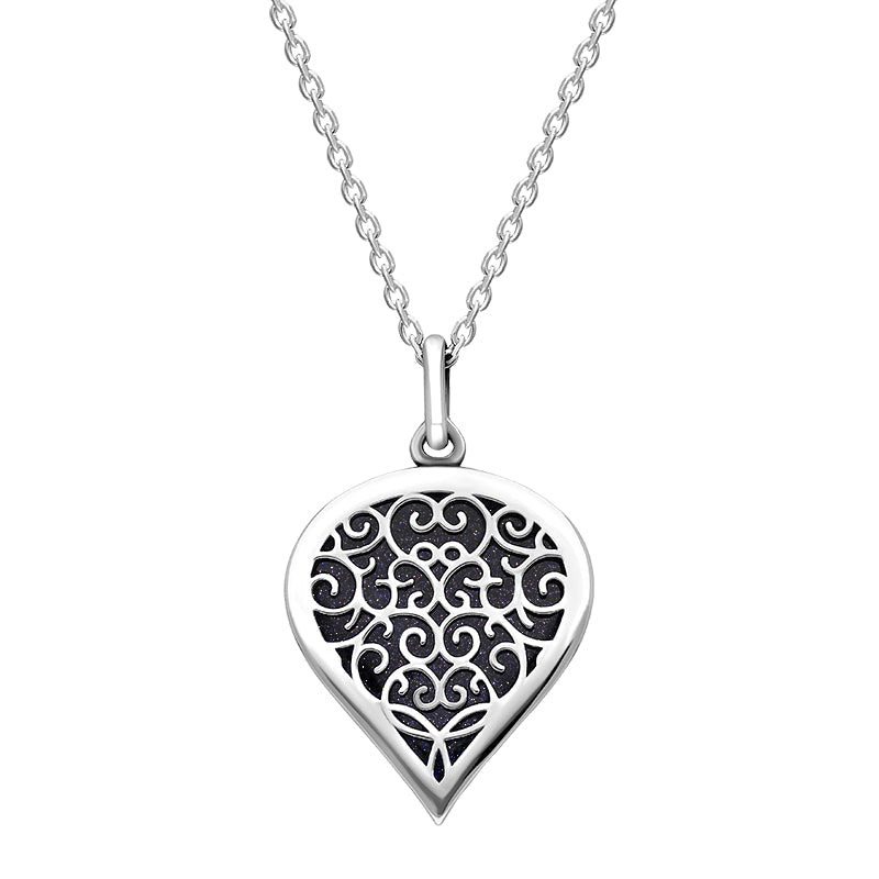 Sterling Silver Blue Goldstone Flore Filigree Medium Heart Necklace