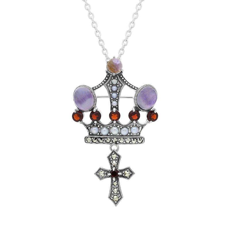 Sterling Silver Blue John Marcasite Garnet Freshwater Pearl Crown & Cross Necklace