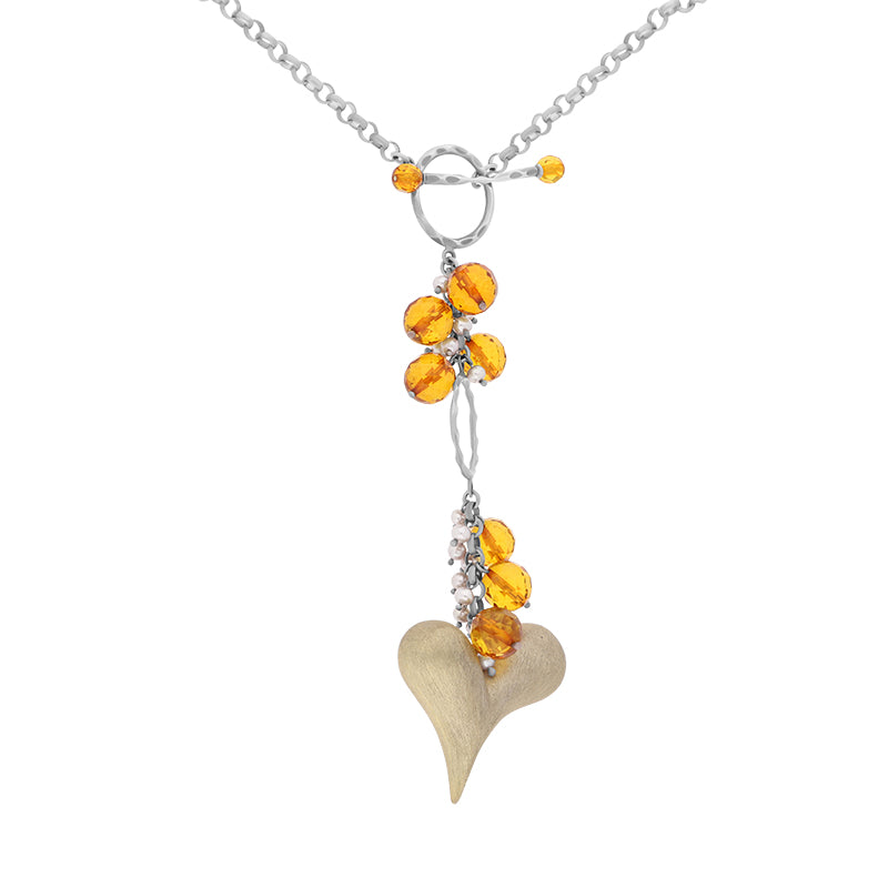 Sterling Silver Gold Plated Amber Heart T-Bar Necklace D