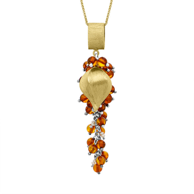Sterling Silver Gold Plated Amber Freshwater Pearl Pendant Necklace D