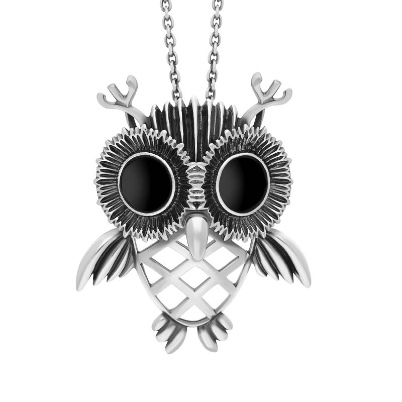 Sterling Silver Large Whitby Jet Owl Necklace