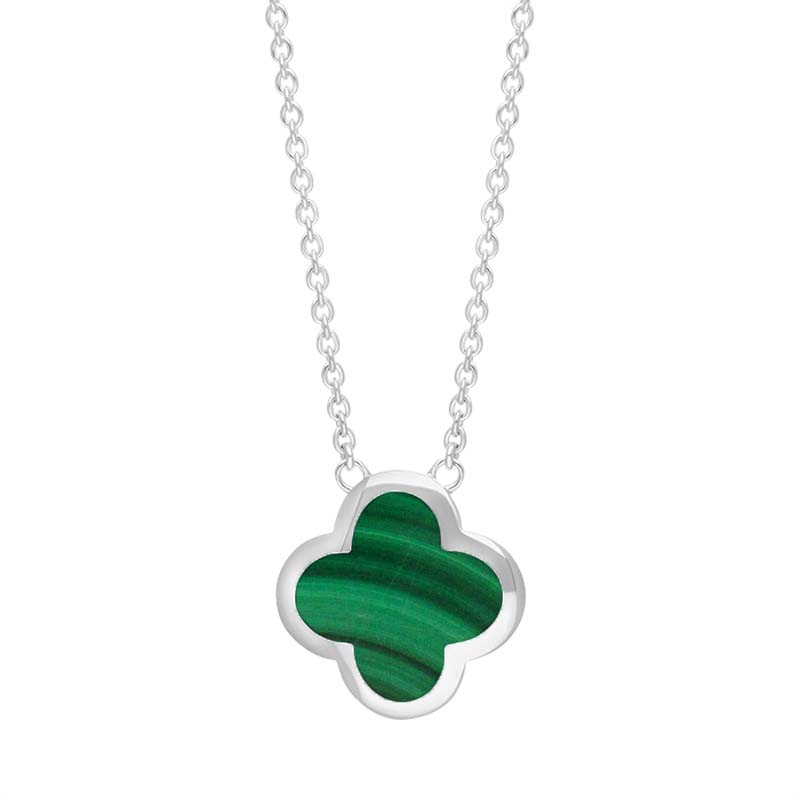 Sterling Silver Malachite Bloom Large Four Leaf Clover Polished Edge Pendant