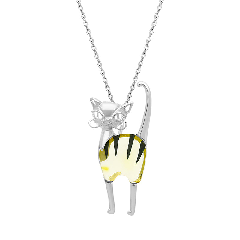 Sterling Silver Striped Amber Cat Necklace D