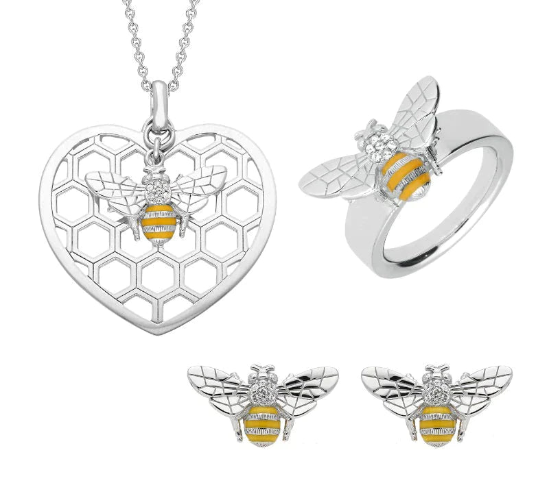 Sterling Silver Swarovski Crystal Enamel Bee In Beehive Three Piece Set