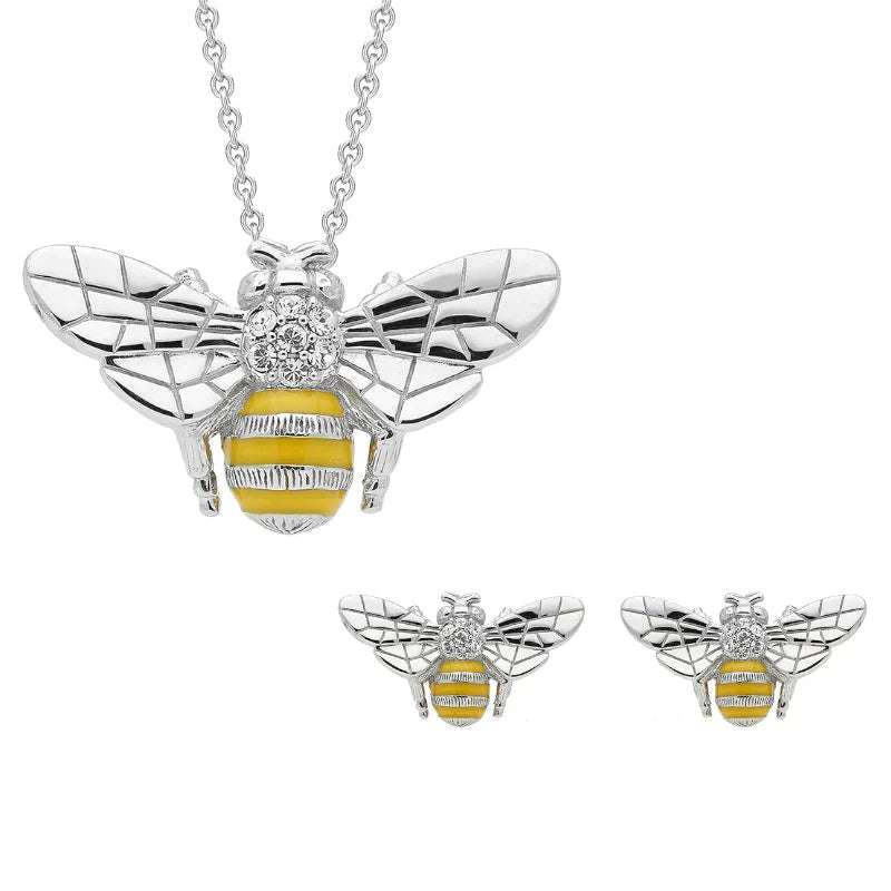 Sterling Silver Swarovski Crystal Enamel Bee Two Piece Set