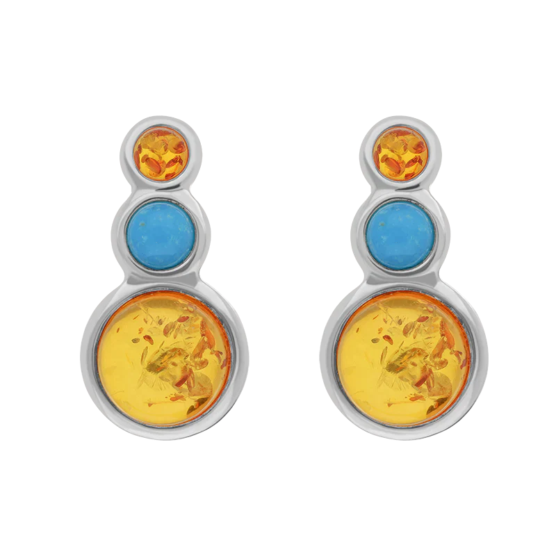 Sterling Silver Three Stone Round Graduated Amber Turquoise Stud Earrings