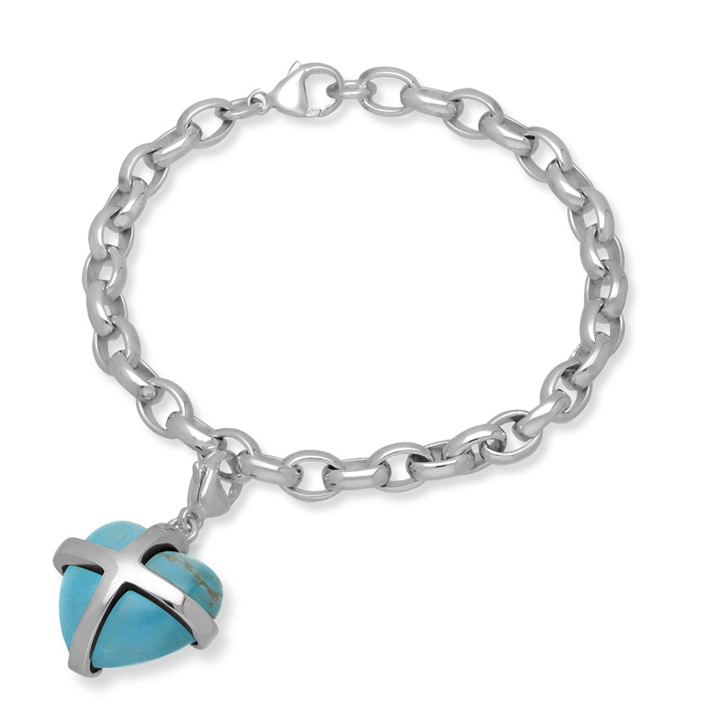 Sterling Silver Turquoise Large Cross Heart Charm Bracelet
