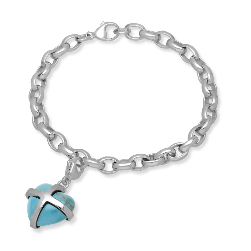 Sterling Silver Turquoise Medium Cross Heart Charm Bracelet