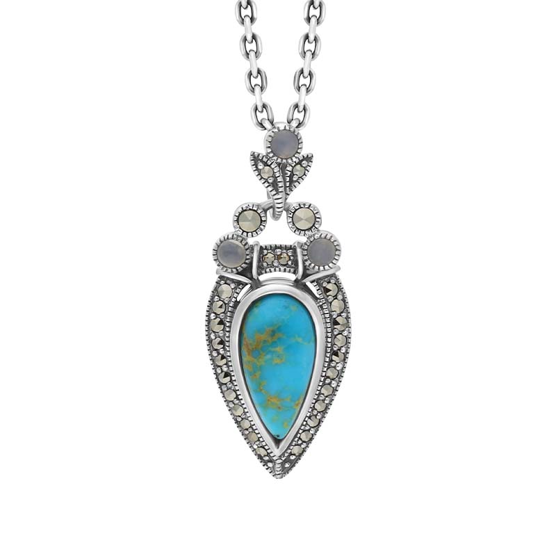 Sterling Silver Turquoise Moonstone Marcasite Pear Shaped Necklace