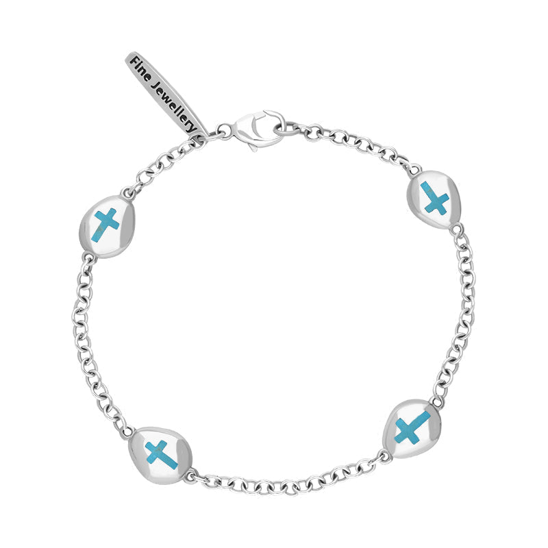 Sterling Silver Turquoise Oval Cross Detail Four Stone Bracelet