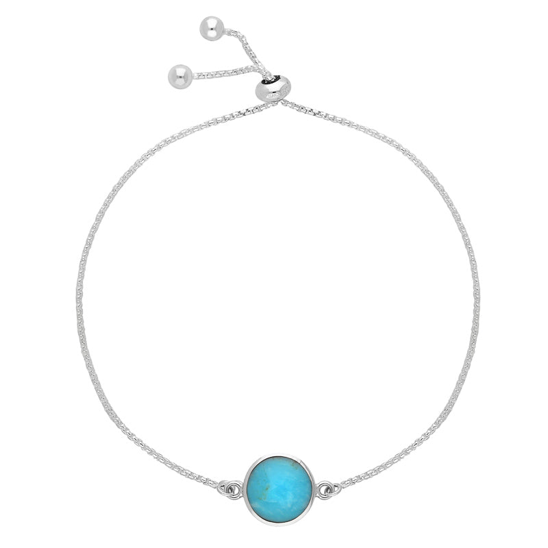 Sterling Silver Turquoise Round Stone Adjustable Chain Bracelet