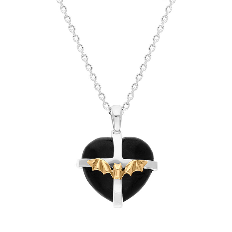 Sterling Silver Whitby Jet 9ct Yellow Gold Bat Medium Cross Heart Necklace