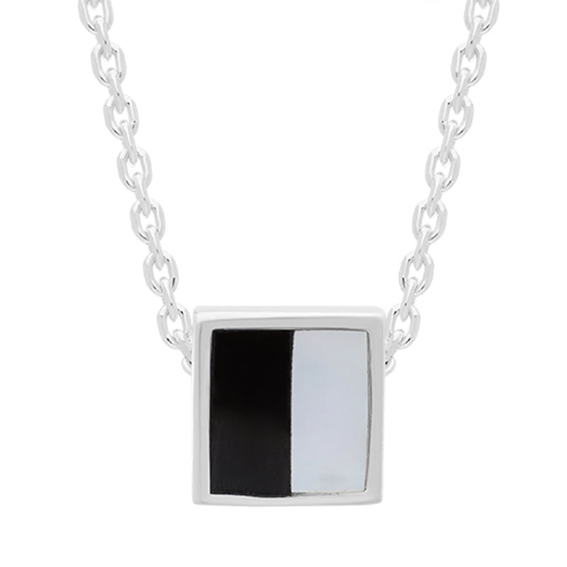 Sterling Silver Whitby Jet Mother of Pearl Small Square Necklace D