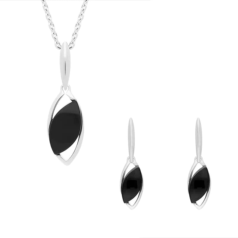 Sterling Silver Whitby Jet Offset Marquise Two Piece Set