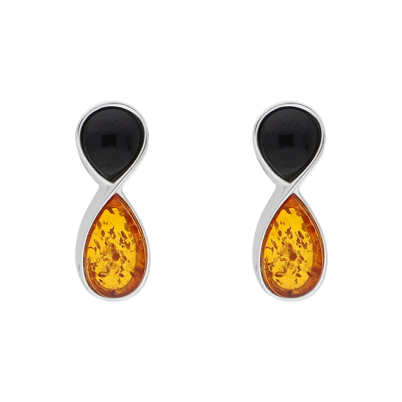 Sterling Silver Whitby Jet Amber Circle Drop Earrings