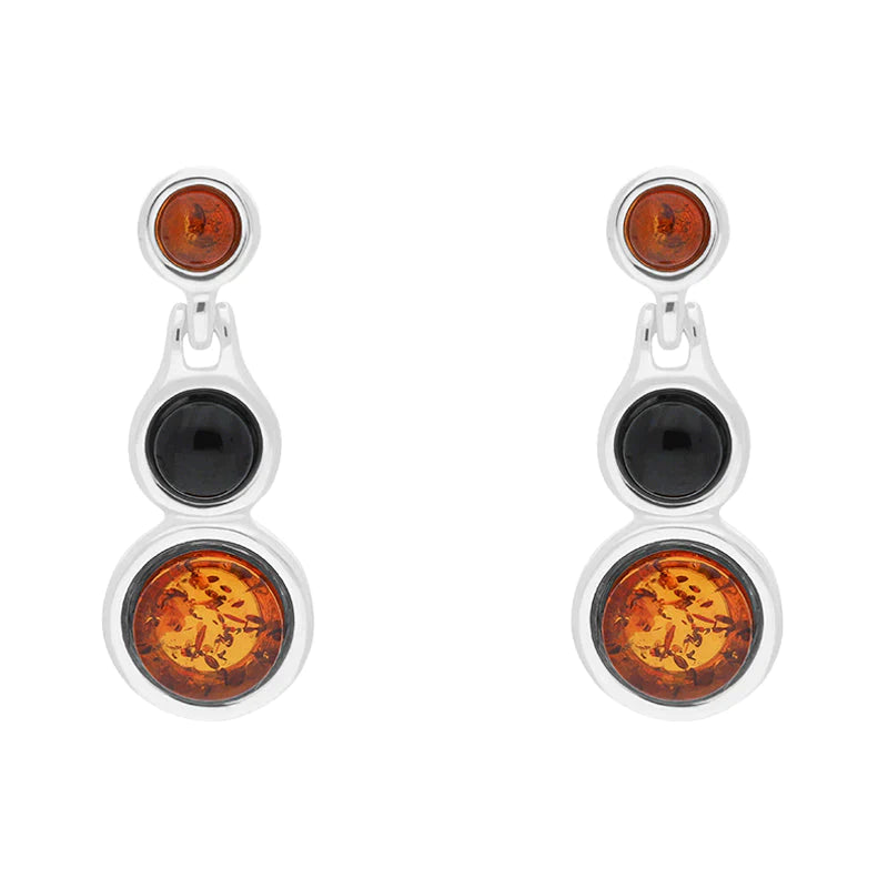 Sterling Silver Whitby Jet Amber Graduated Drop Earrings