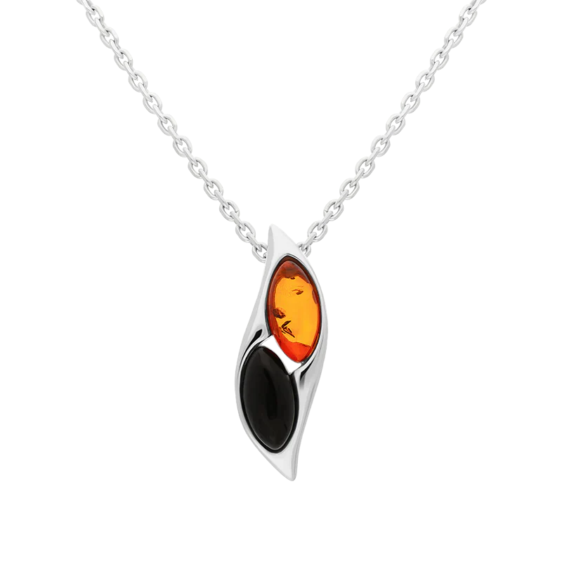 Sterling Silver Whitby Jet Amber Two Stone Wave Necklace