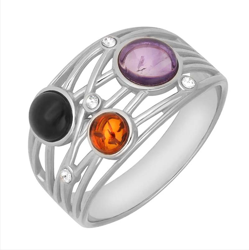 Sterling Silver Whitby Jet Amethyst Amber Bubble Ring