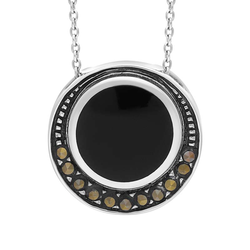 Sterling Silver Whitby Jet and Marcasite Round Framed Necklace D