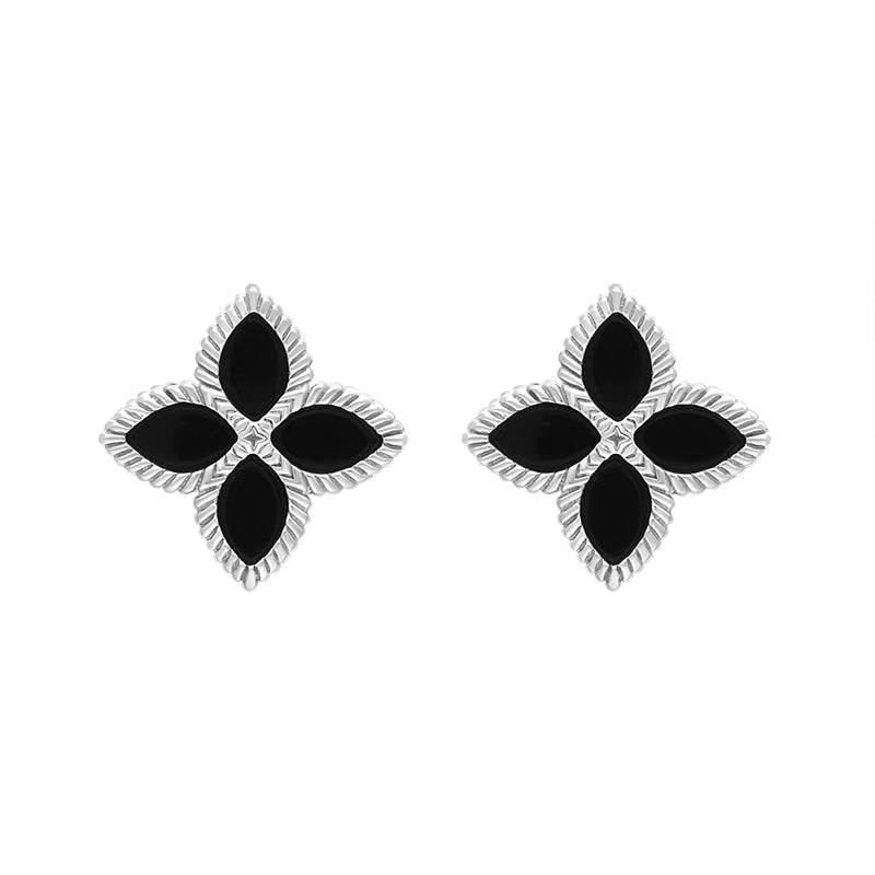 Sterling Silver Whitby Jet Bloom Marquise Flower Stud Earrings