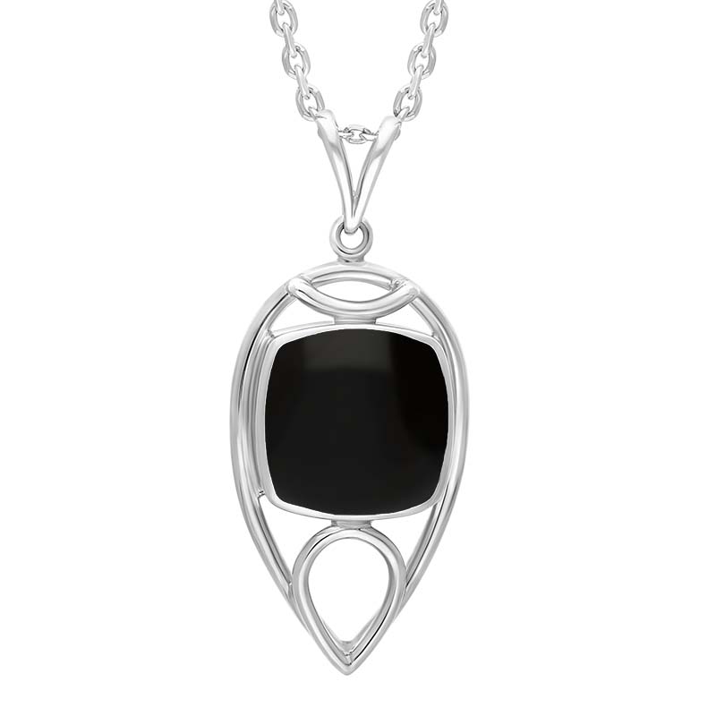 Sterling Silver Whitby Jet Cushion Stone Tear Drop Open Frame Necklace