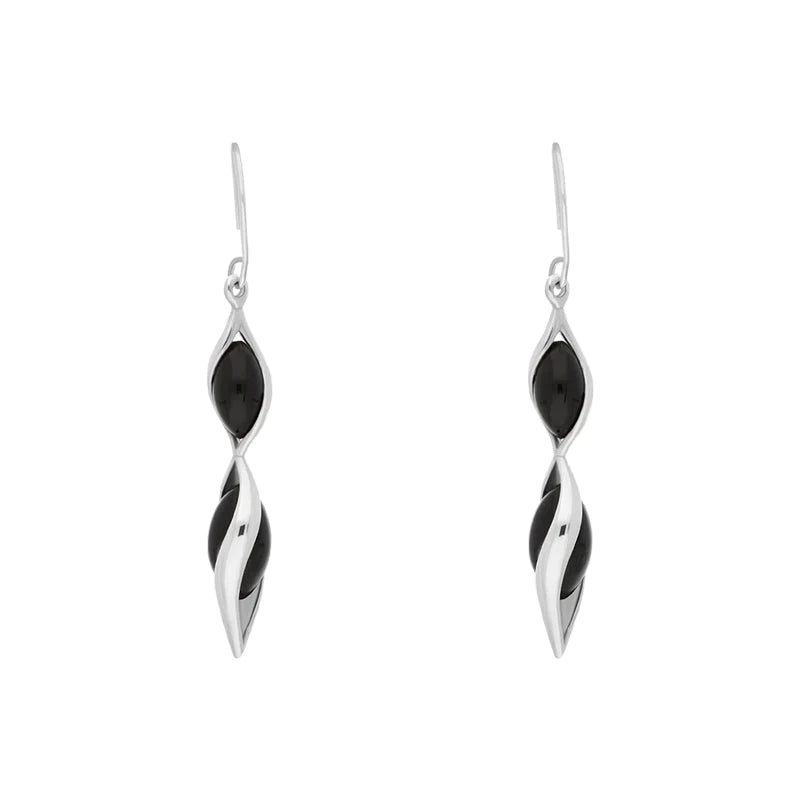 Sterling Silver Whitby Jet Double Graduated Twist Drop Earrings