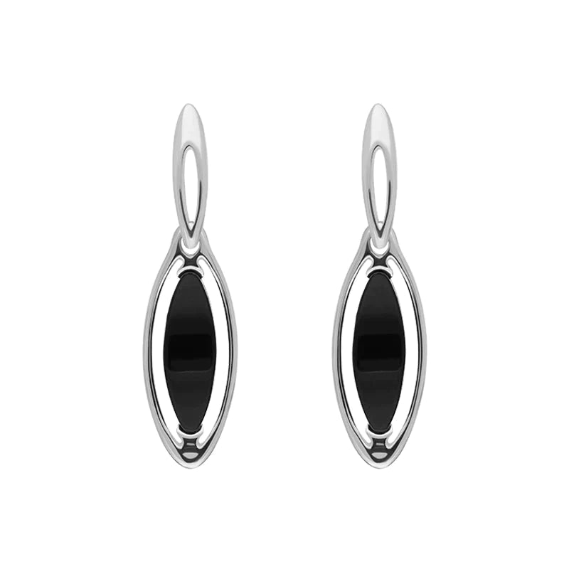 Sterling Silver Whitby Jet Marquise Open Edge Drop Earrings