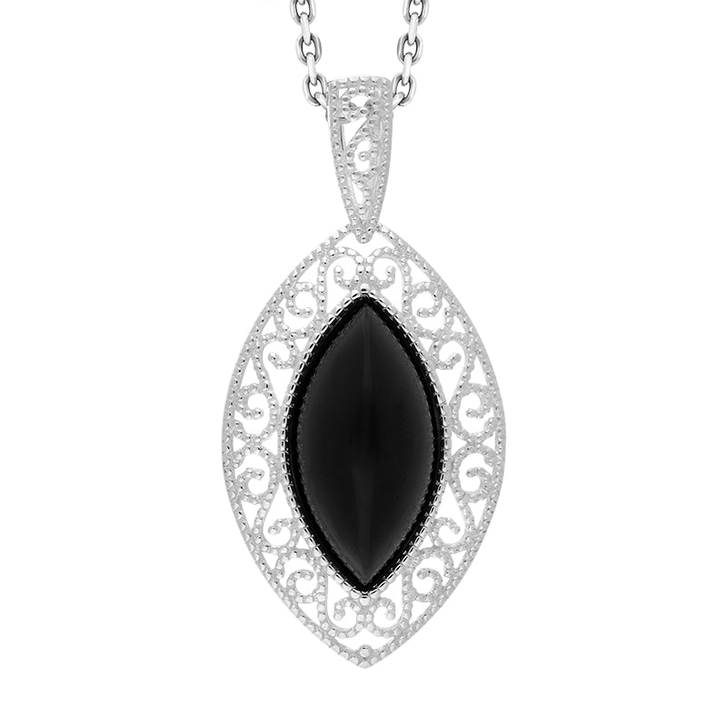 Sterling Silver Whitby Jet Marquise Pierced Open Back Necklace