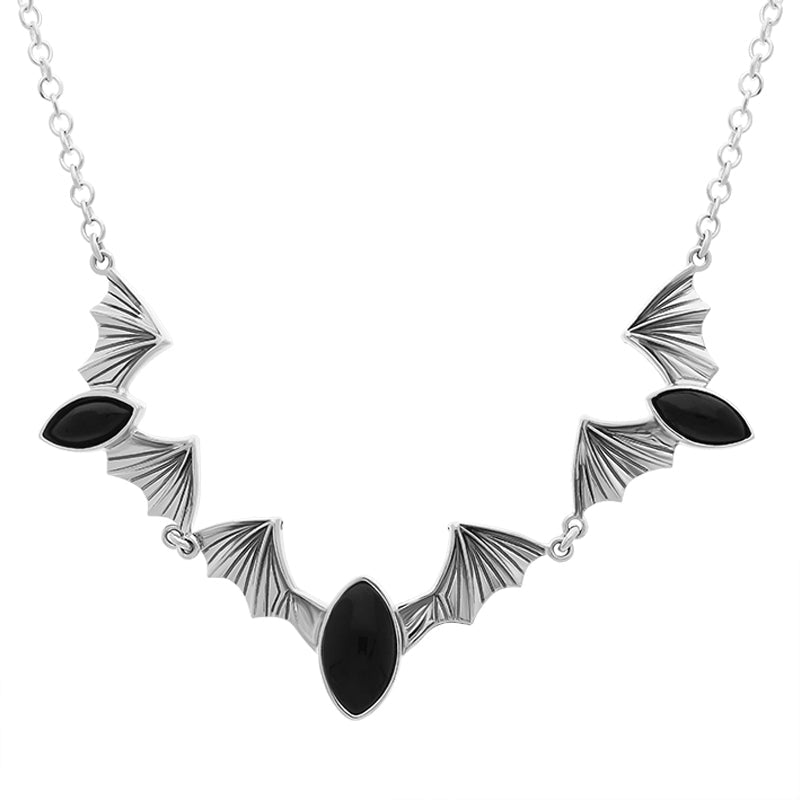 Sterling Silver Whitby Jet Marquise Stone Bat Necklace