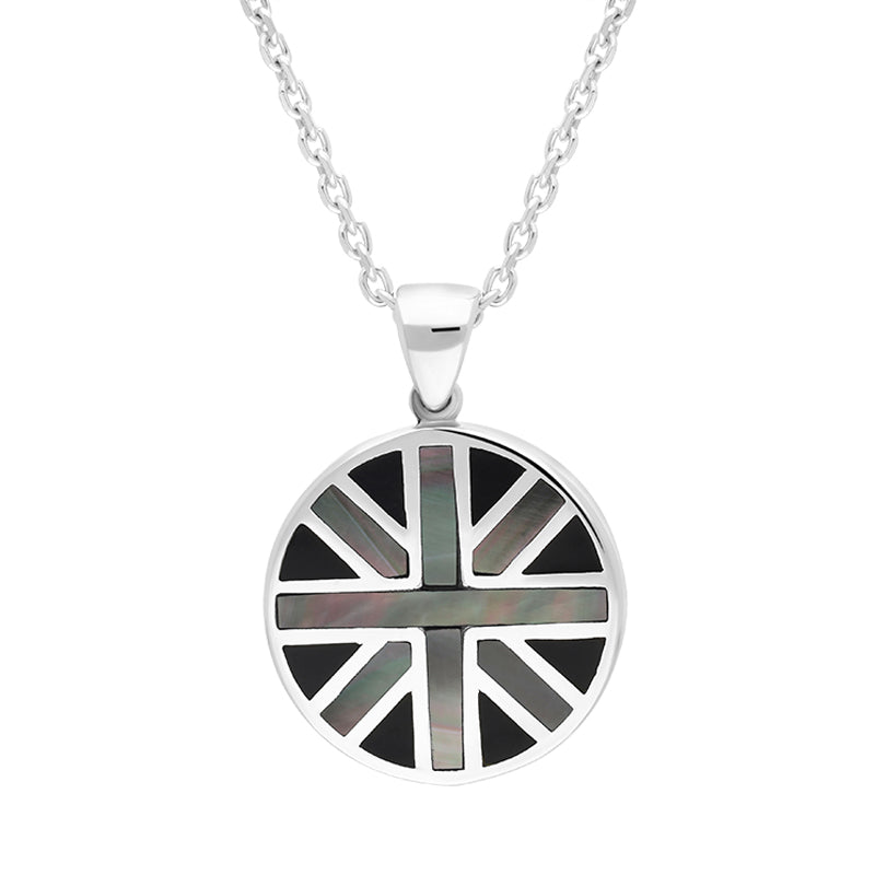Sterling Silver Whitby Jet Mother Of Pearl Small Round Double Sided Union Jack Pendant