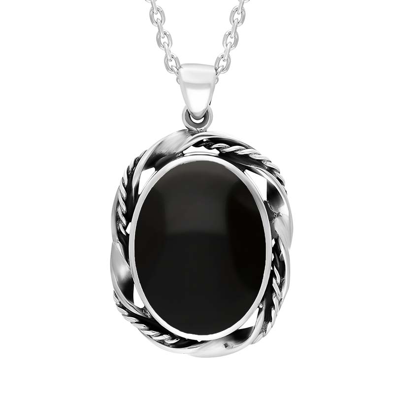 Sterling Silver Whitby Jet Oval Rope Twist Edge Necklace