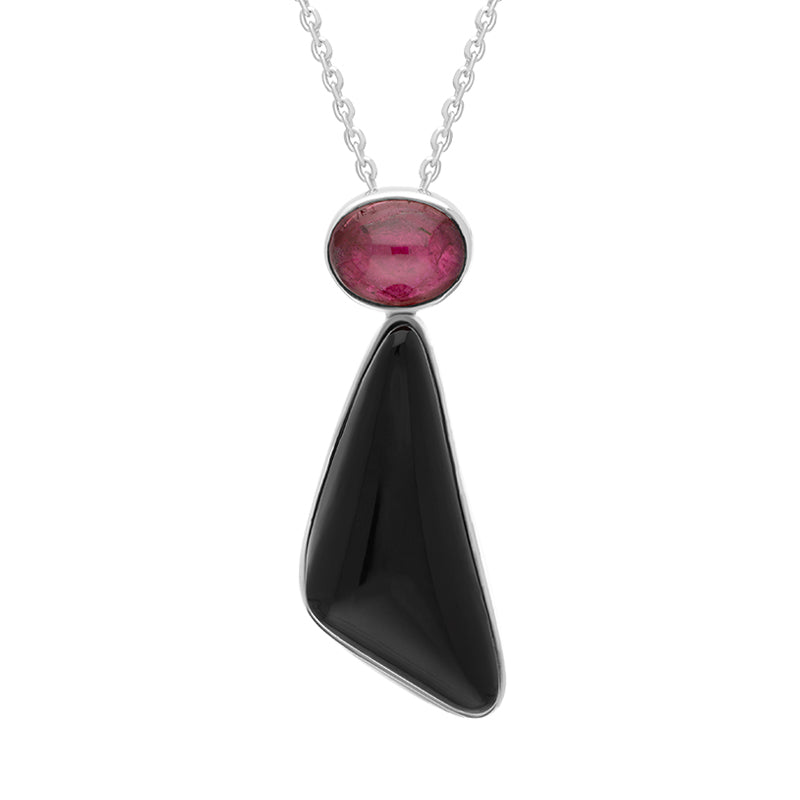 Sterling Silver Whitby Jet Pink Tourmaline Triangle Two Stone Necklace