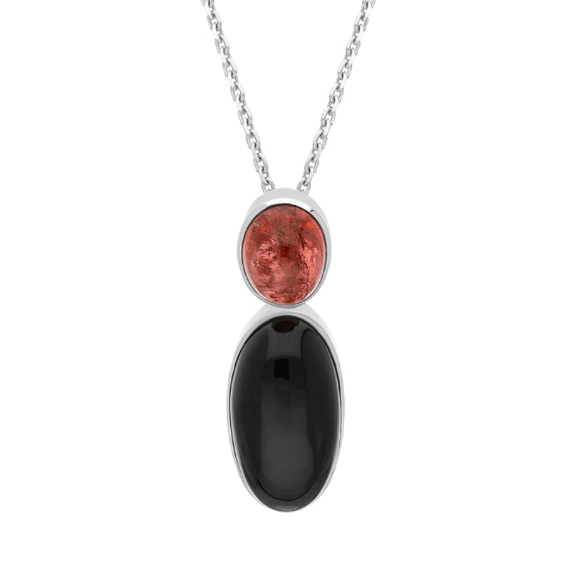 Sterling Silver Whitby Jet Pink Tourmaline Oval Two Stone Necklace