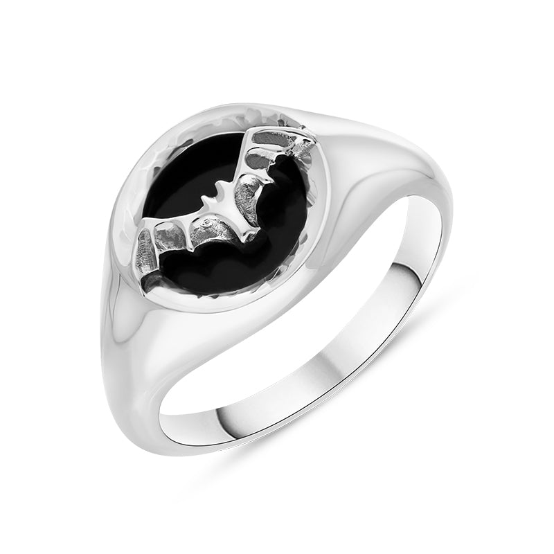 Sterling Silver Whitby Jet Round Bat Ring