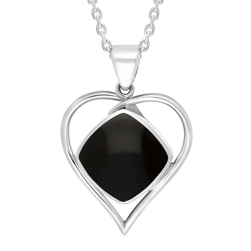 Sterling Silver Whitby Jet Square Heart Open Frame Necklace