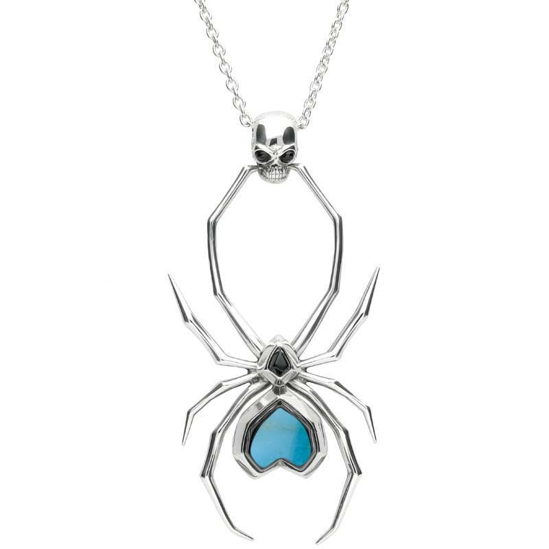 Sterling Silver Whitby Jet Turquoise Gothic Spider Skull Necklace
