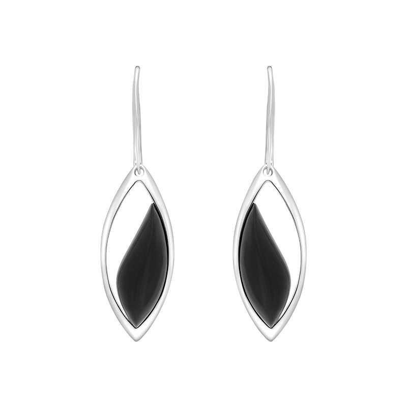 Sterling Silver Whitby Jet Wavy Marquise Open Drop Earrings