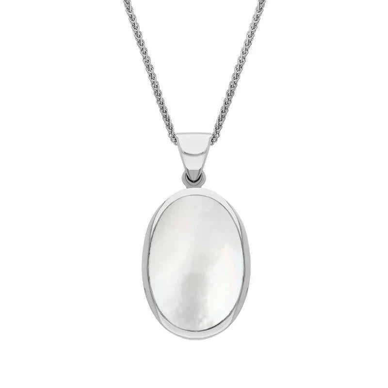 Sterling Silver Whitby Jet White Mother Of Pearl Small Double Sided Fob Necklace